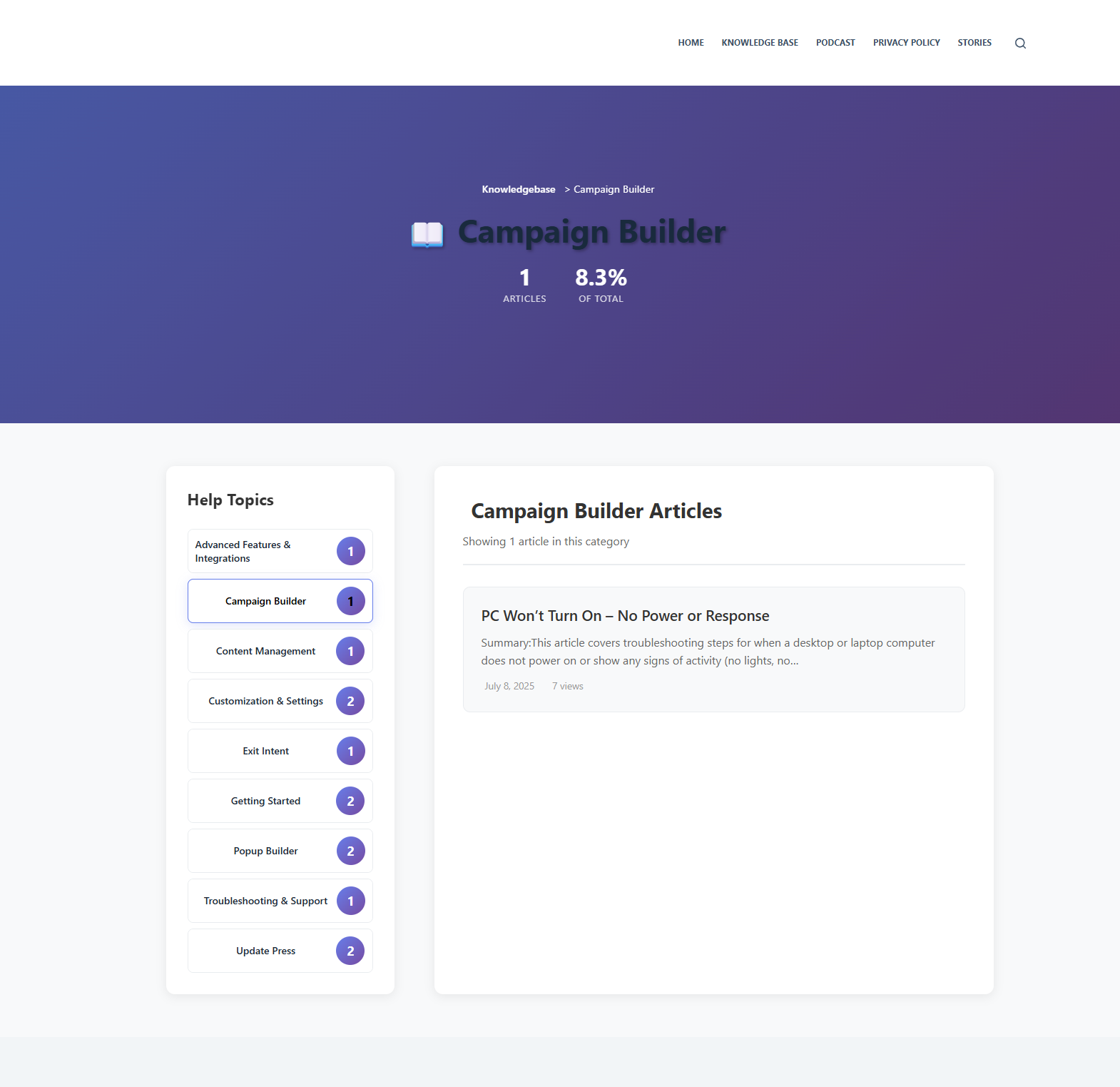 **Knowledge Base Analytics Dashboard** – Overview of knowledge base performance and trends