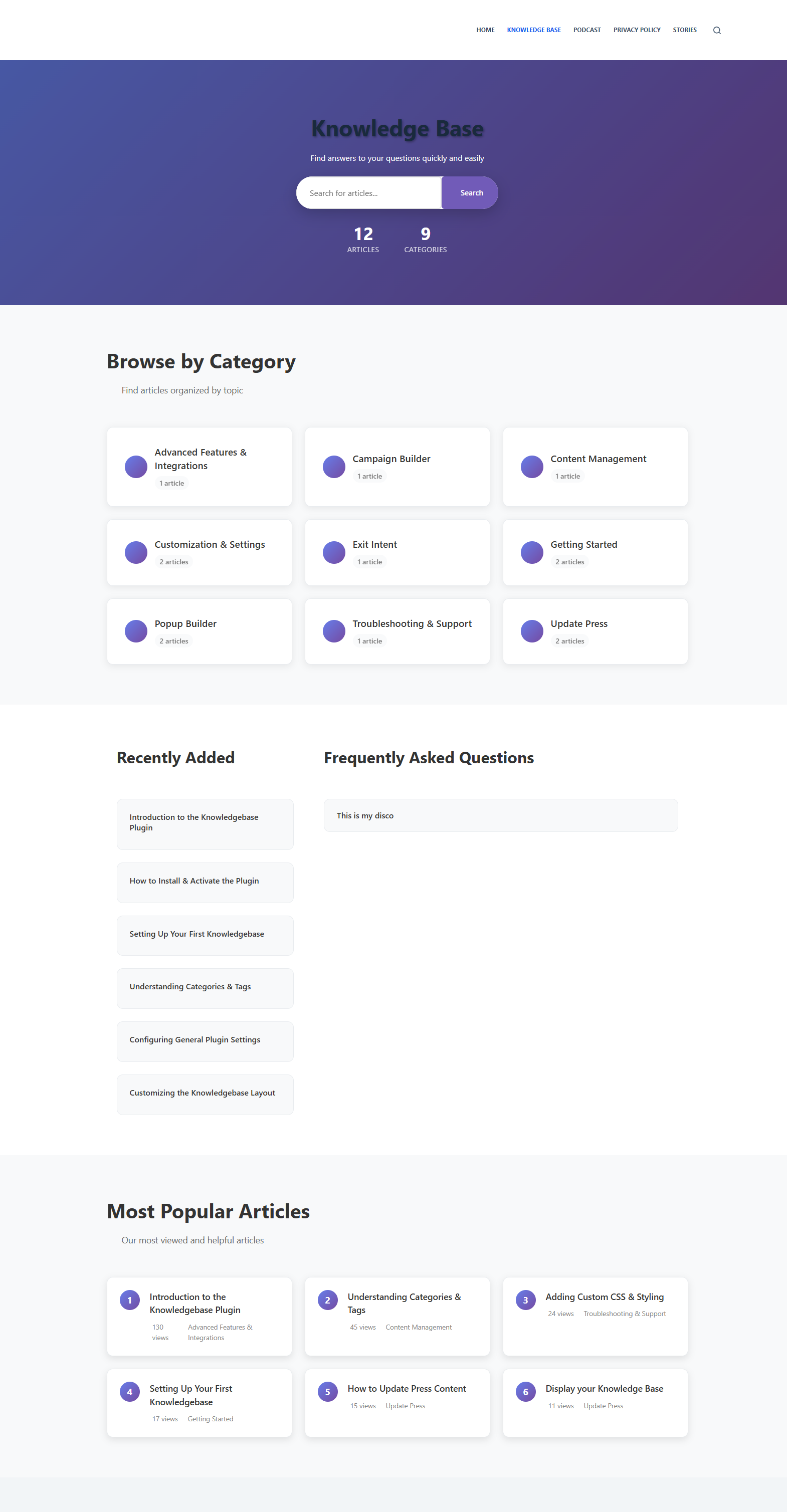 **Knowledge Base Analytics Chart and Graphs** – Visual data for traffic, searches, and performance