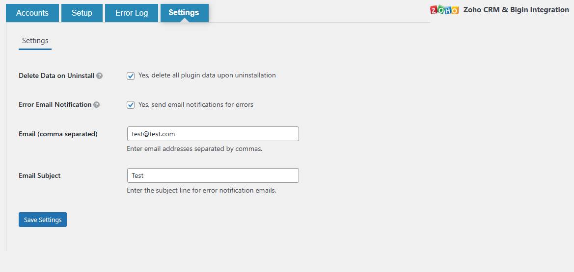 **Settings Page**: Configure plugin preferences like email notifications and data cleanup.