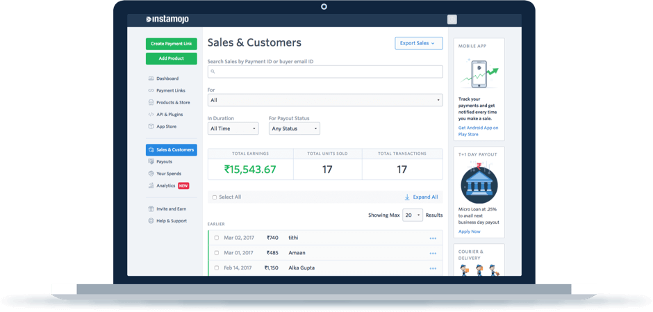 Instamojo Dashboard Sales Report