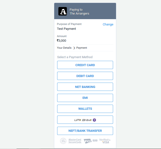 Payment Screen with Payment Options
