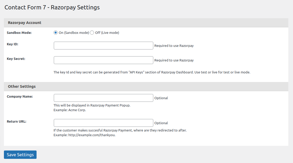 Razorpay General Settings