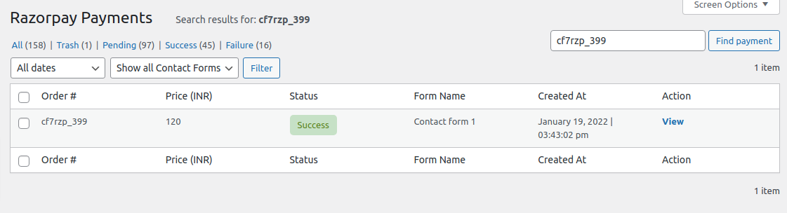 Find Payment based on internal order number