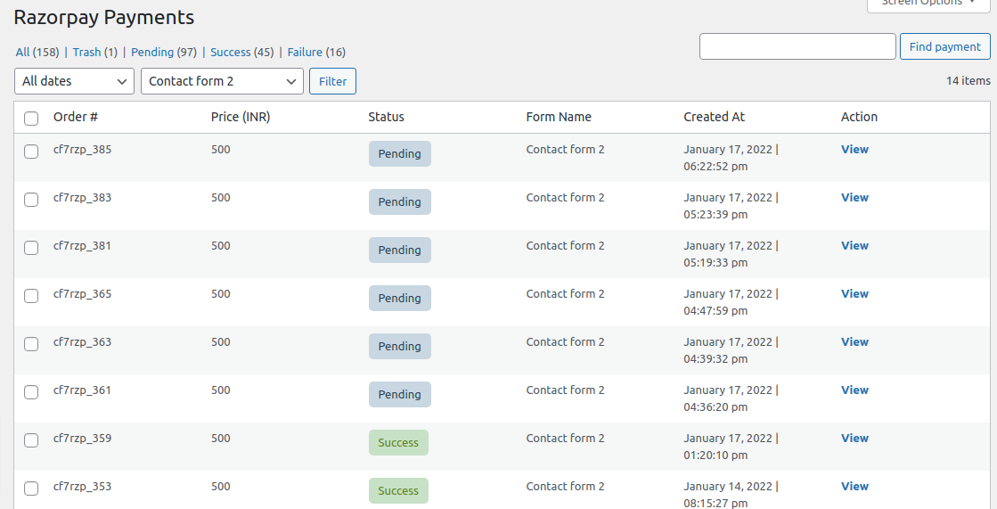 Filter Payments based on Contact Form 7