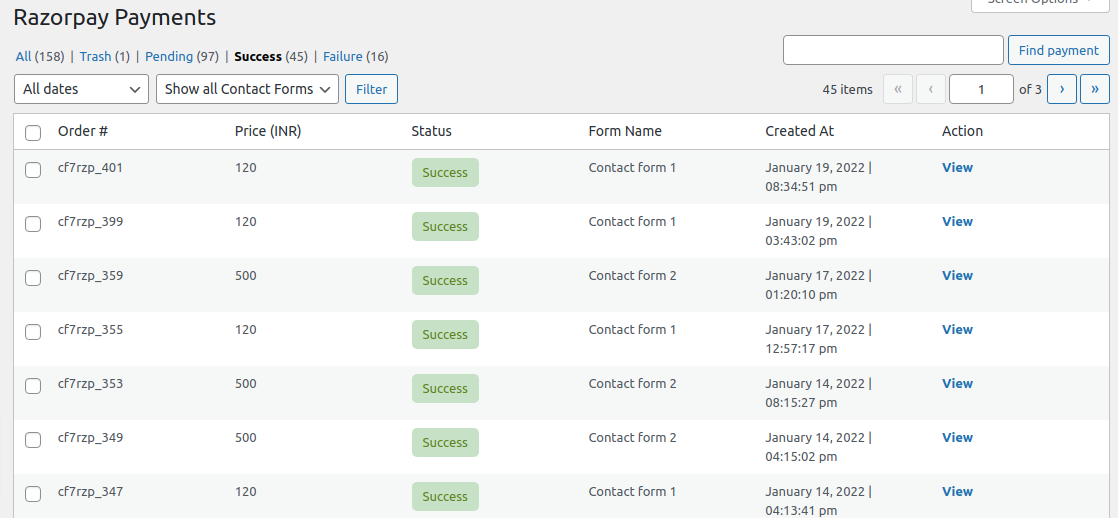 Filter Payments based on status(success | failure | pending)