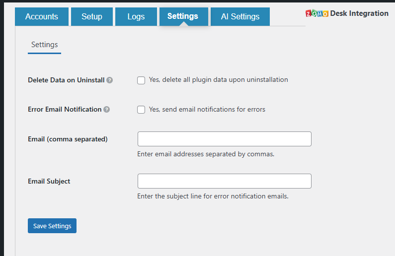 Settings page
