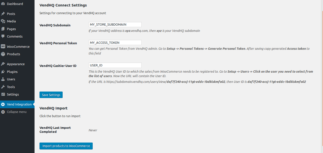 Settings screen with VendHQ Connect settings filled and ready to import products.
