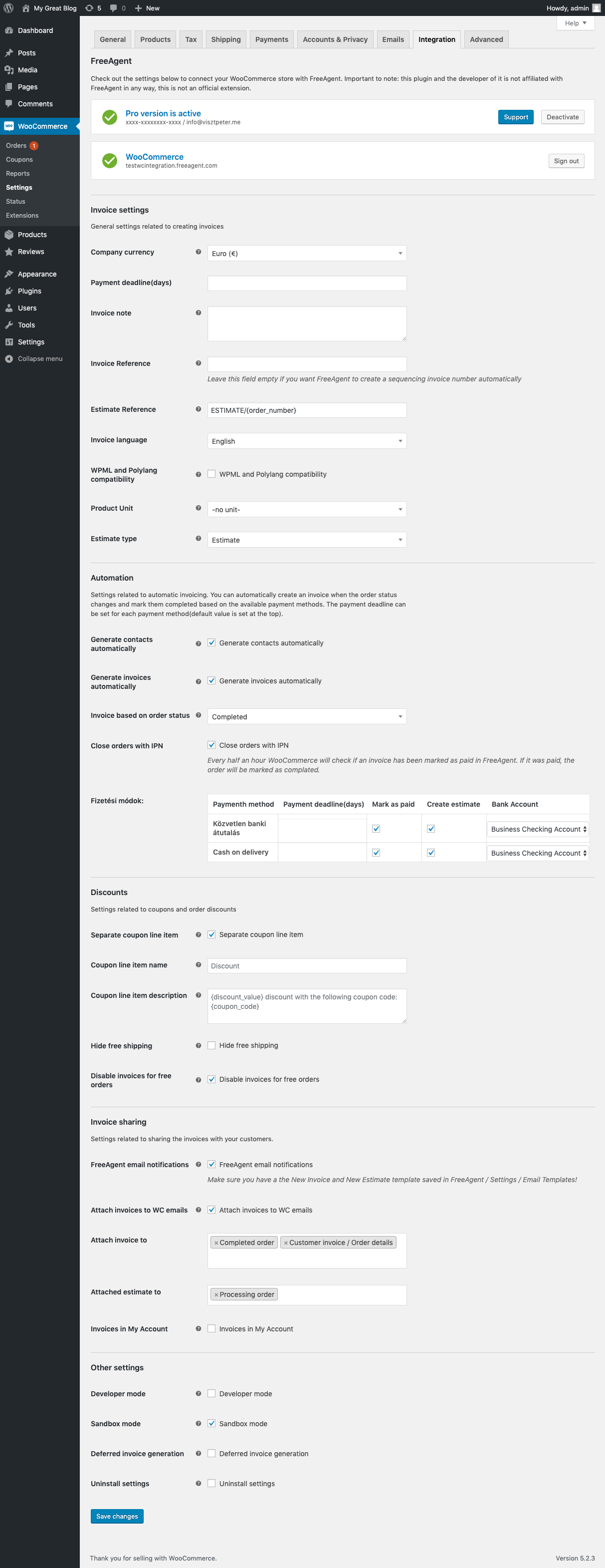 Settings screen(WooCommerce / Integrations / FreeAgent)