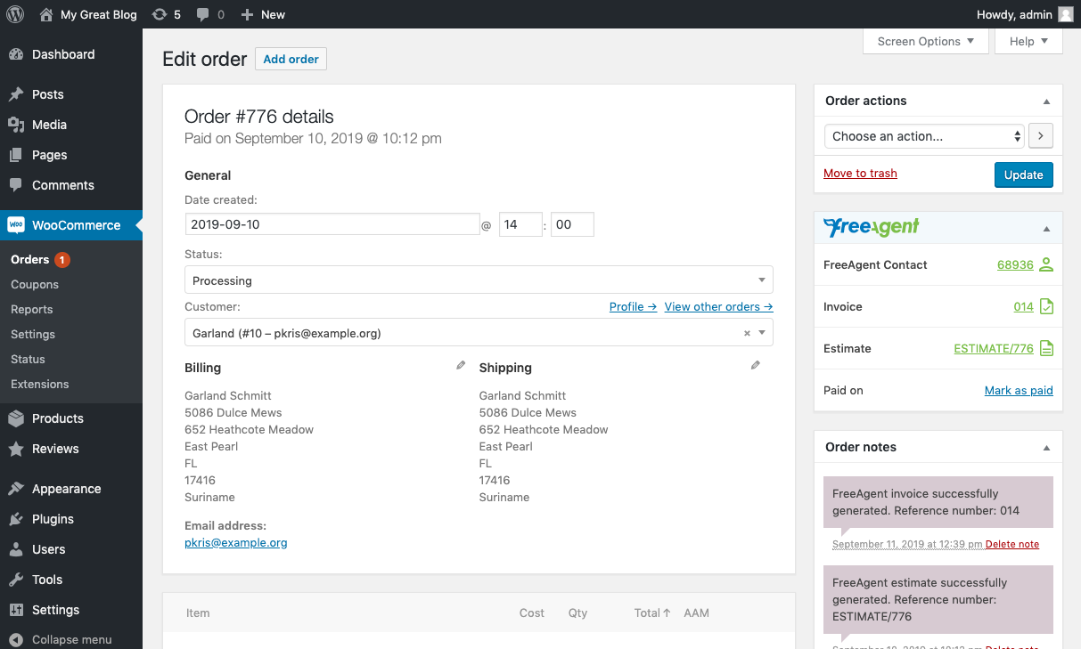 FreeAgent box on the order details page