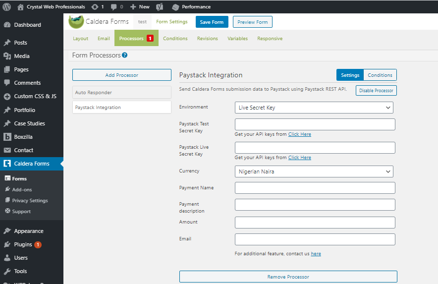 Paystack Integration configuration page