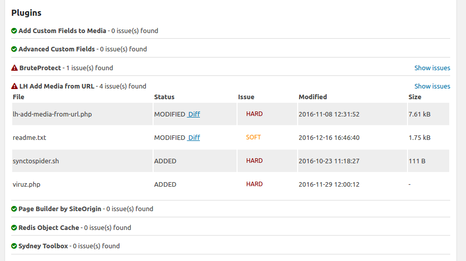 Showing scan results for each plugin individually. Issues are marked as HARD of SOFT. Diff can be shown for modified files.