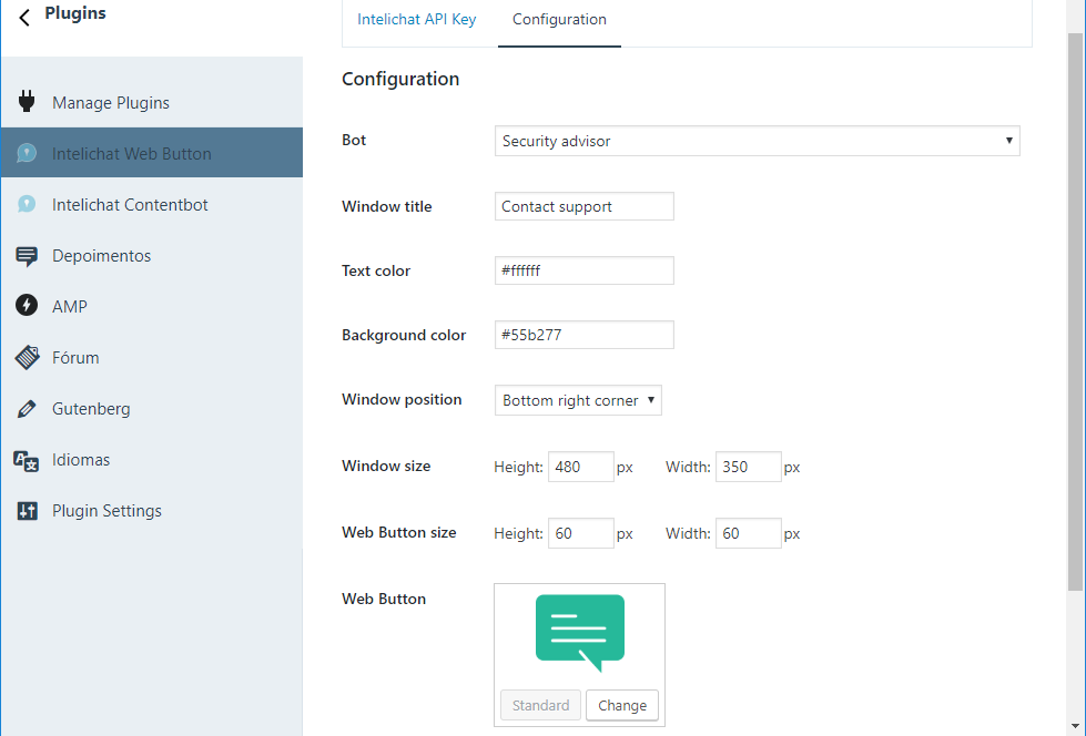 This is the plugin configuration where you can set the appearance of your web button.