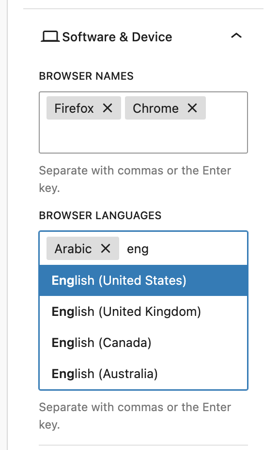 Browser names anf languages visibility rules.