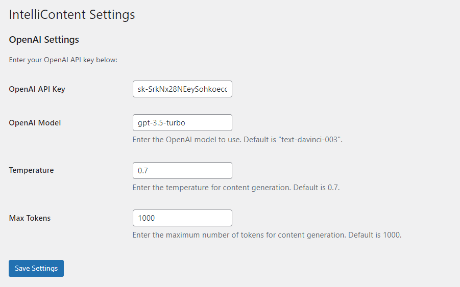 Manage settings like Key, Temperature and Model