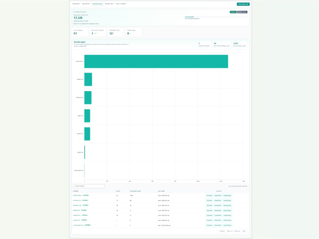 Domains report with external domain breakdown and export actions.