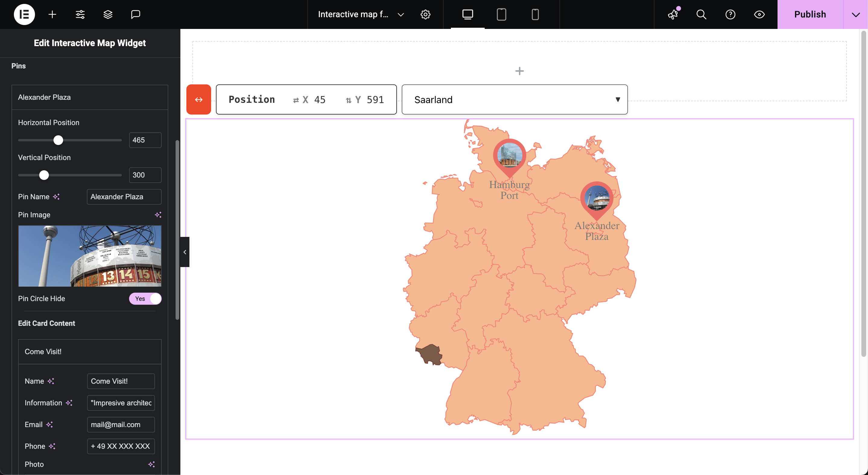 On "Pin Content" select one of the two pin elements to modify the pin position and its content