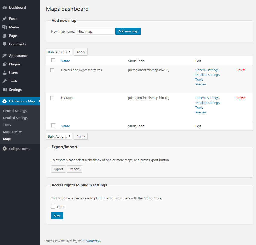 Export/import maps for transfer between sites and backup