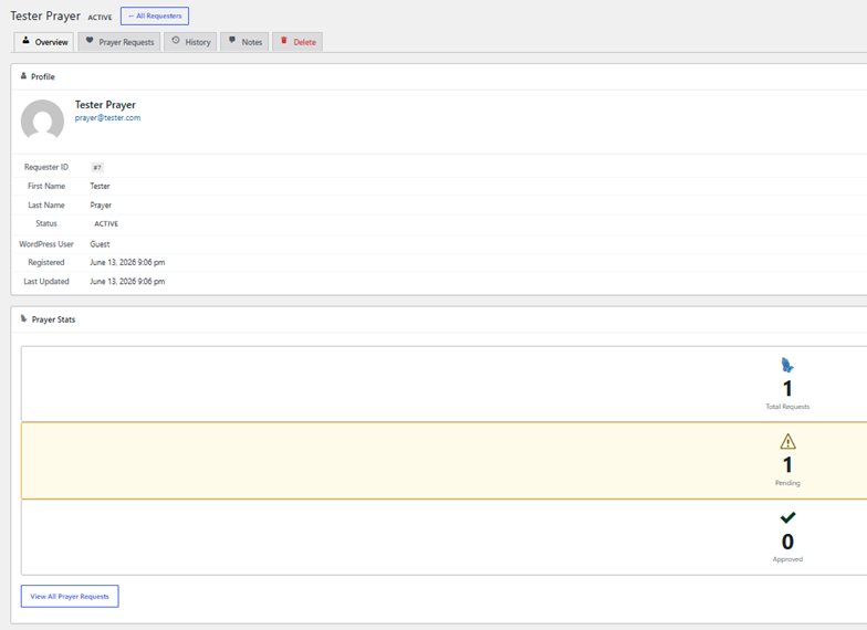 Admin prayer requests list with status filters and bulk actions.