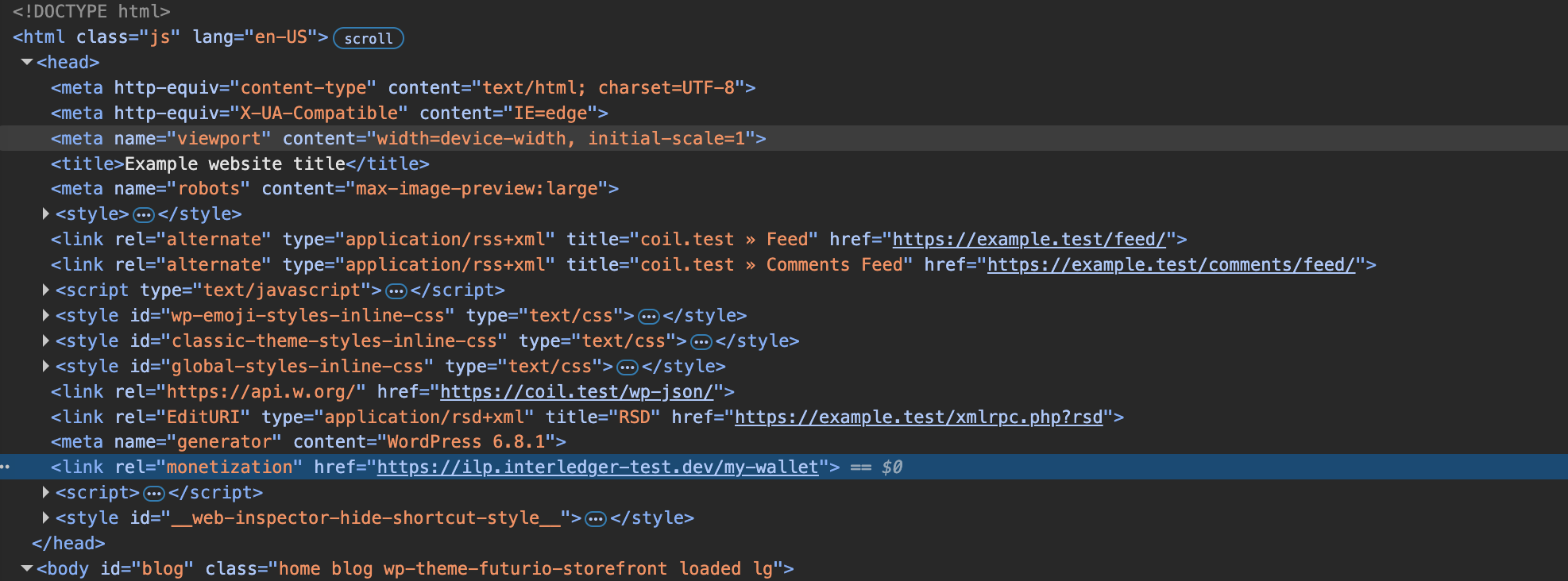 Example `<link rel="monetization">` rendered in the page head.