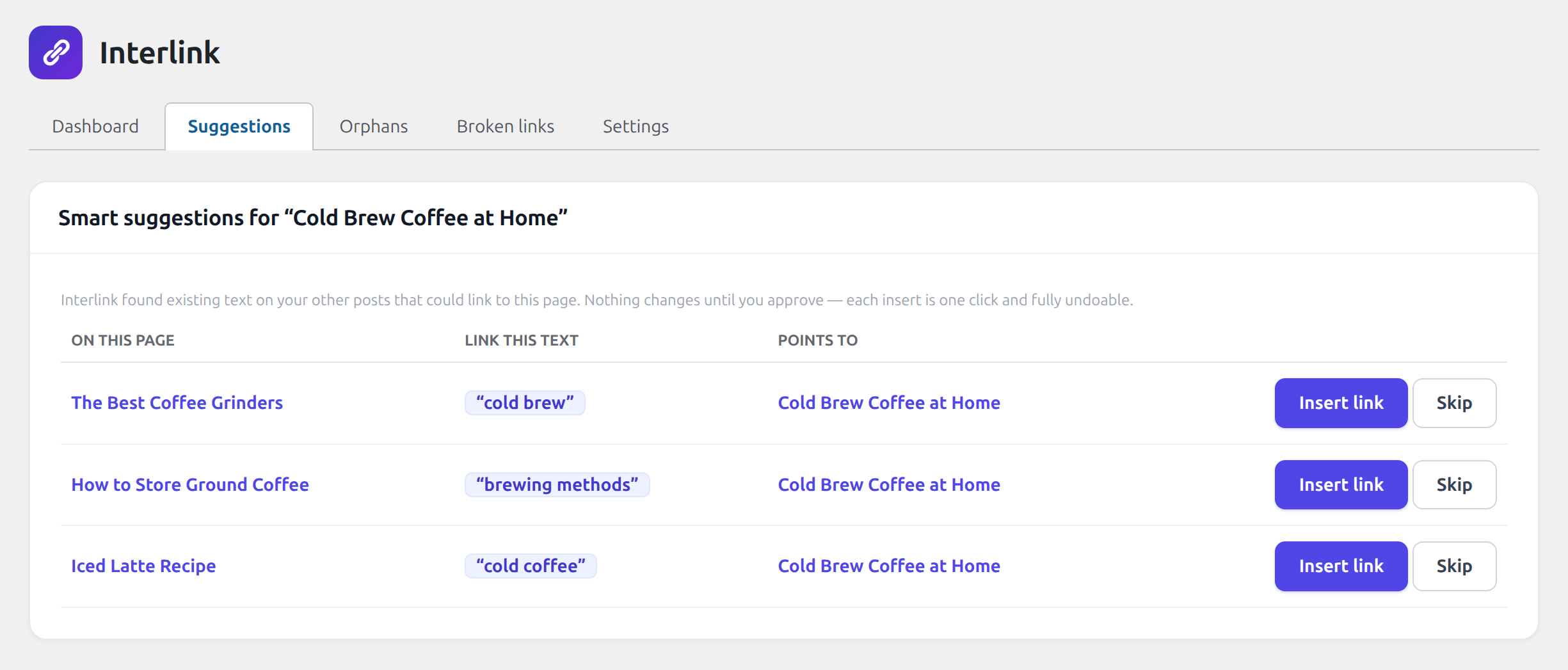 Smart suggestions with one-click, approve-first insert.