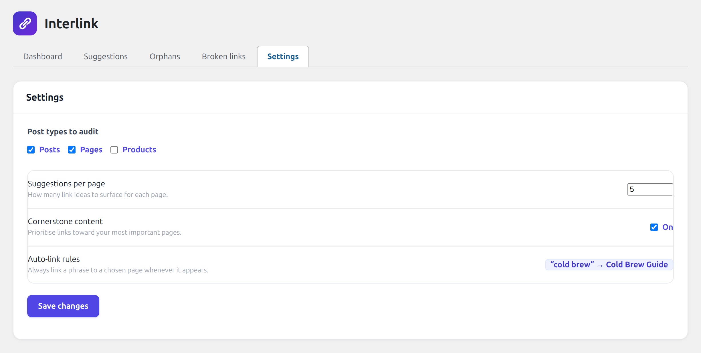 Settings — auto-link rules, cornerstone content, and optional integrations.