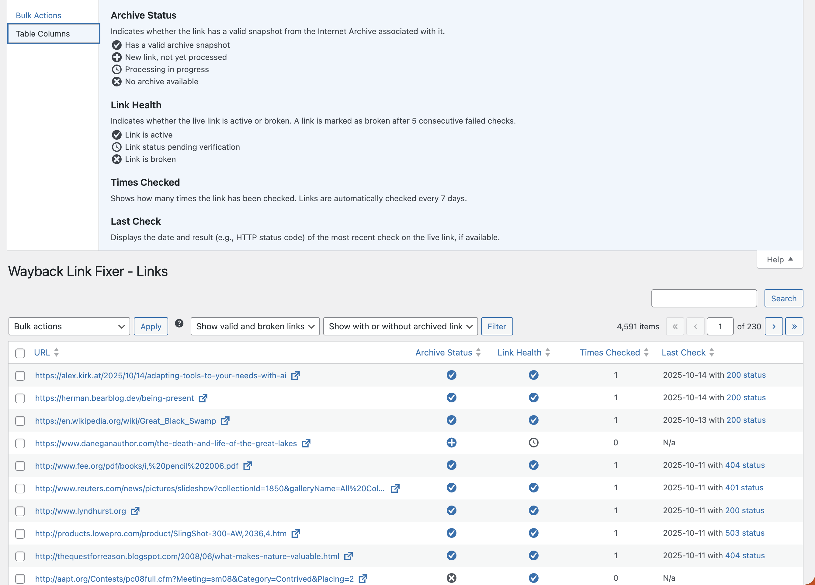 Help tab to explain the icons and the link table.
