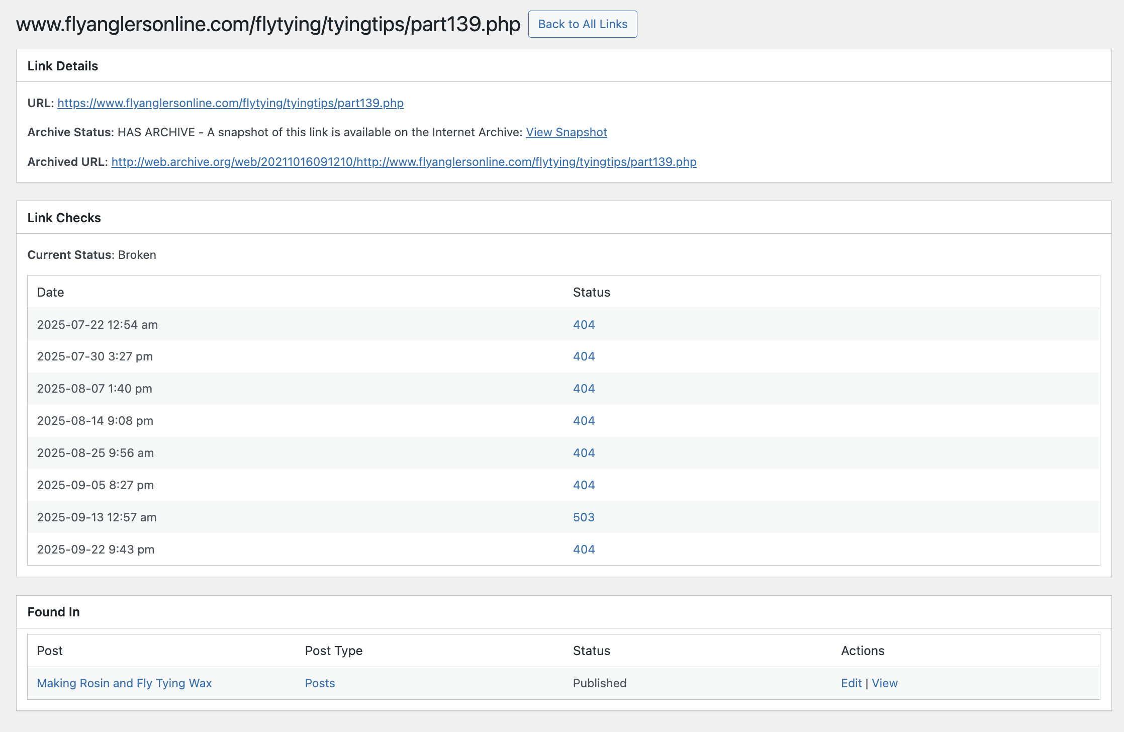 Link details, show information about the link, all checks and any posts they appear in.