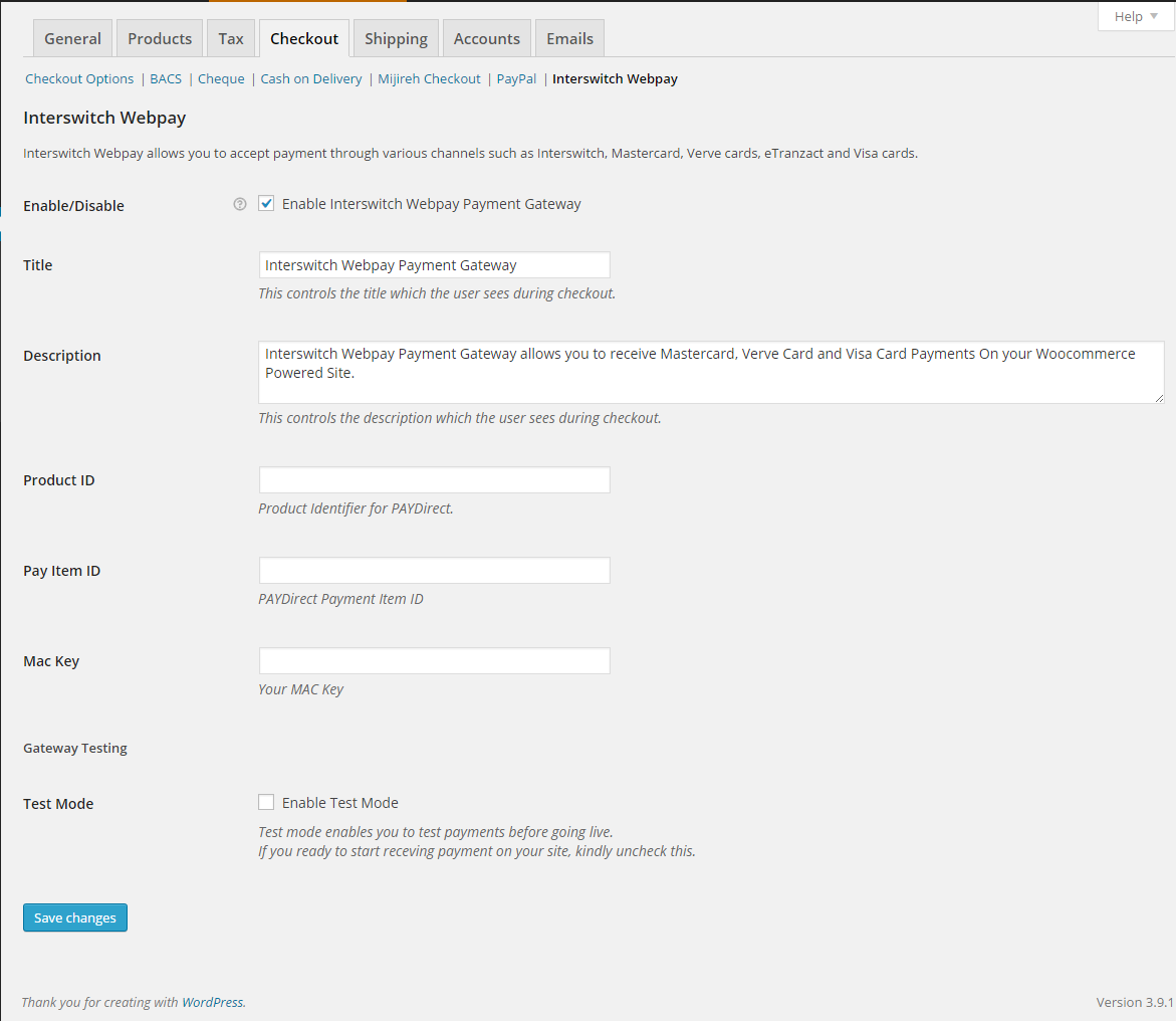 Interswitch Webpay WooCommerce Payment Gateway setting page