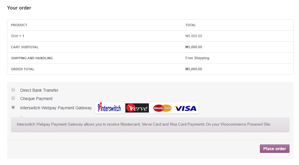 Interswitch Webpay WooCommerce Payment Gateway method on the checkout page