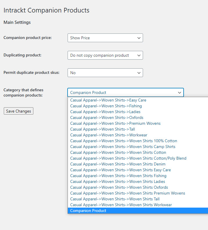 Intrackt Companion Products - Settings Page