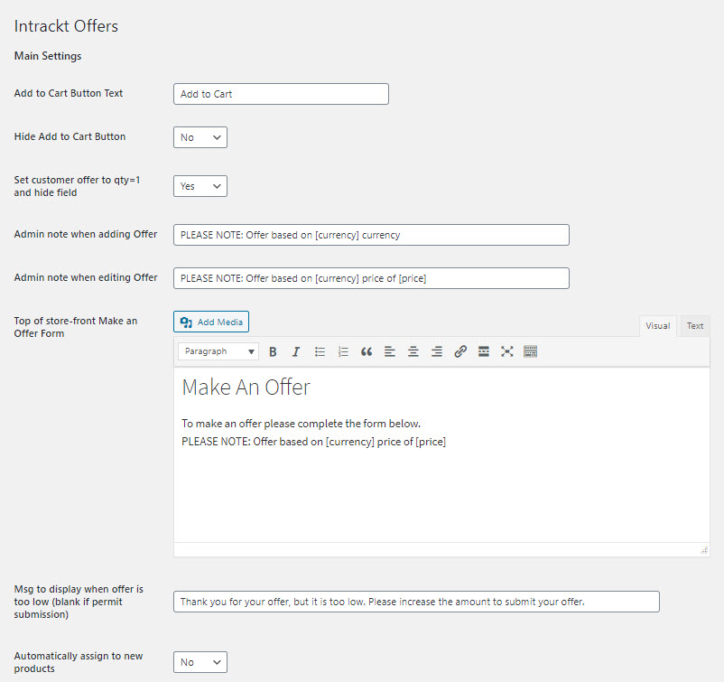 Intrackt Offers - Settings Page