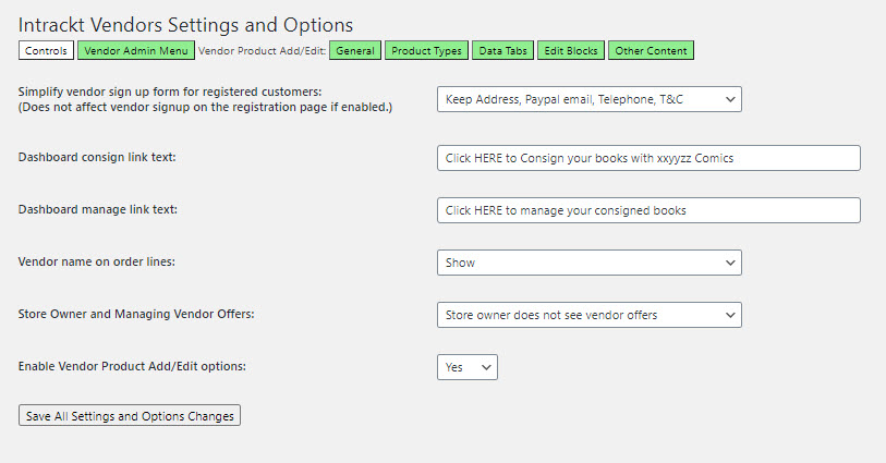 Intrackt Vendors - General Settings with a switch to enable or disable all Vendor product Add/Edit options.