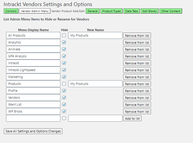Intrackt Vendors - Define which admin menu items you want to hide or rename.
