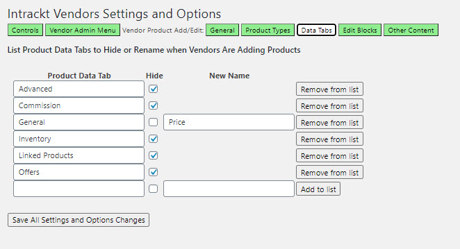 Intrackt Vendors - Hide or rename the product data tabs when a vendor is adding or editing a product.