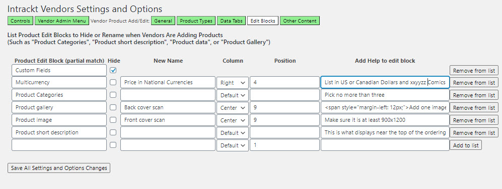 Intrackt Vendors - Hide or rename the product edit blocks, including the ability to add help and change the column they are in.