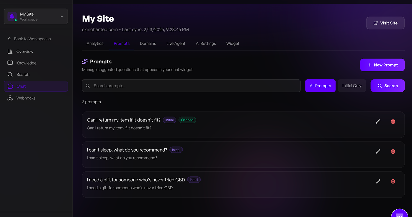 **Chat Settings** – Enable the floating AI chat widget on your site and customize its appearance, behavior, and responses from the Intufind dashboard.