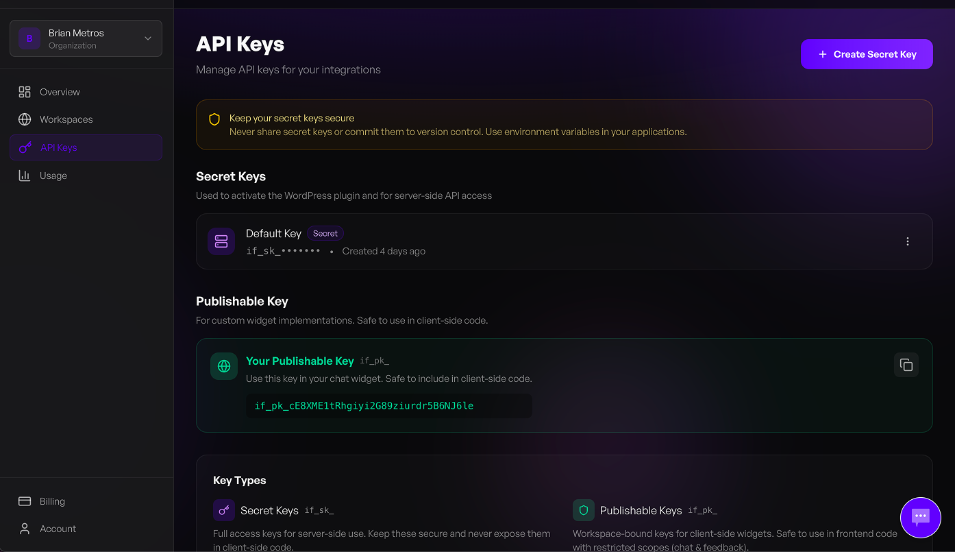 **Dashboard Overview** – The full Intufind workspace with sidebar navigation, workspace settings, and quick access to all features.