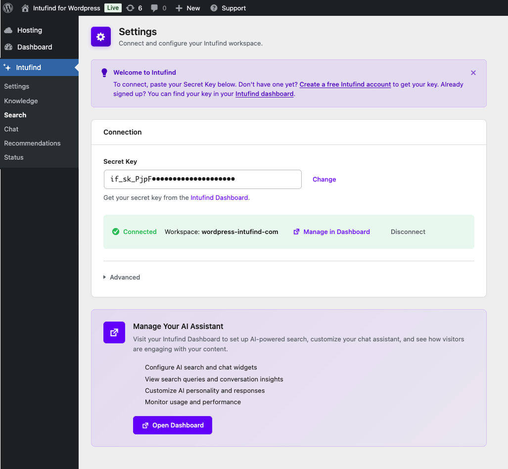 **Chat Analytics** – Monitor conversations, visitor engagement, average messages, and feedback satisfaction scores with trend tracking.