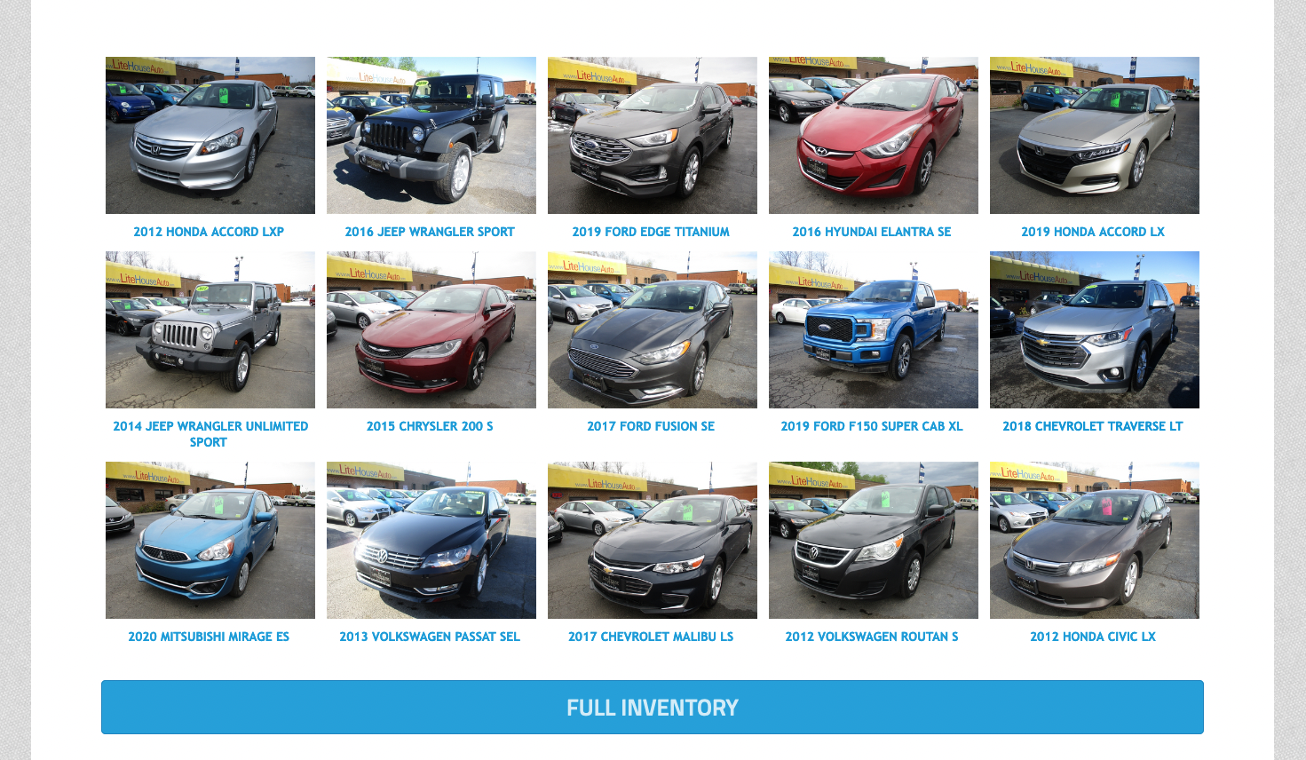 This is an inventory grid showing featured image thumbnails and post titles. A full inventory link takes users to the vehicle post archive.