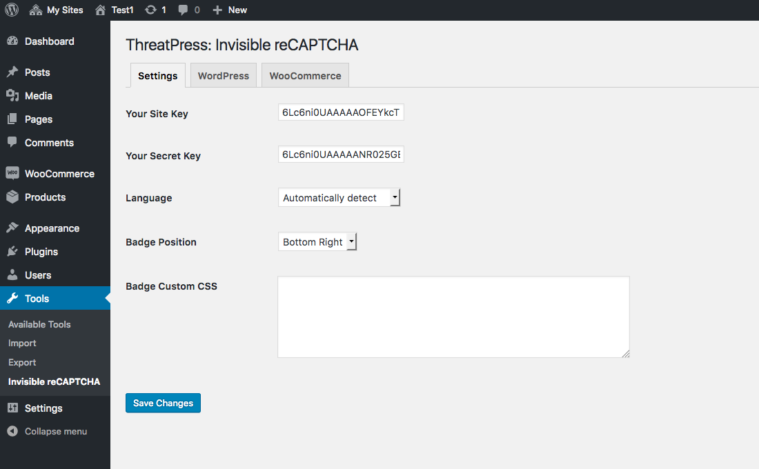 Invisible reCAPTCHA general settings page