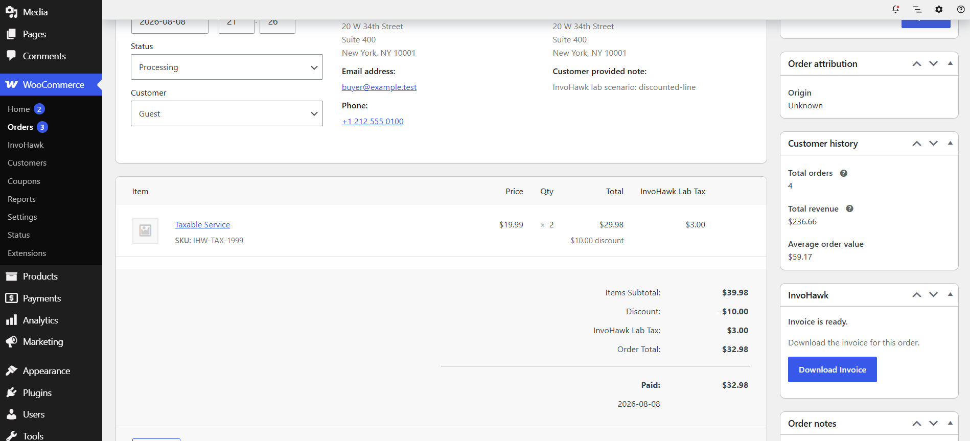 InvoHawk order panel with a prepared invoice ready to download.