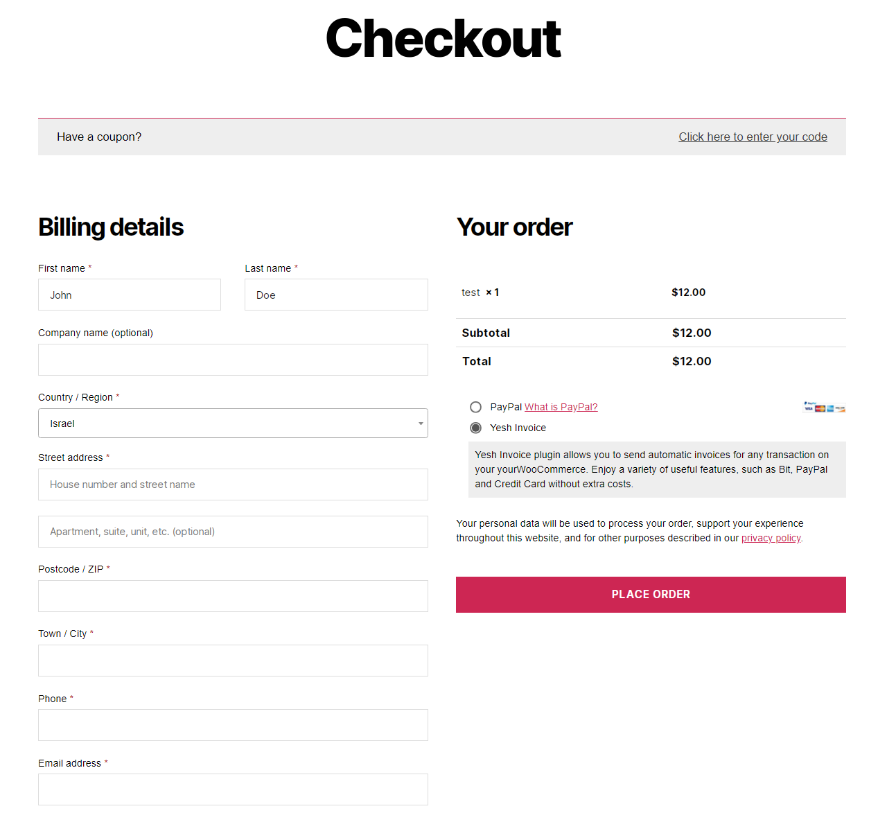 On checkout page select Yesh Invoice and Place Order