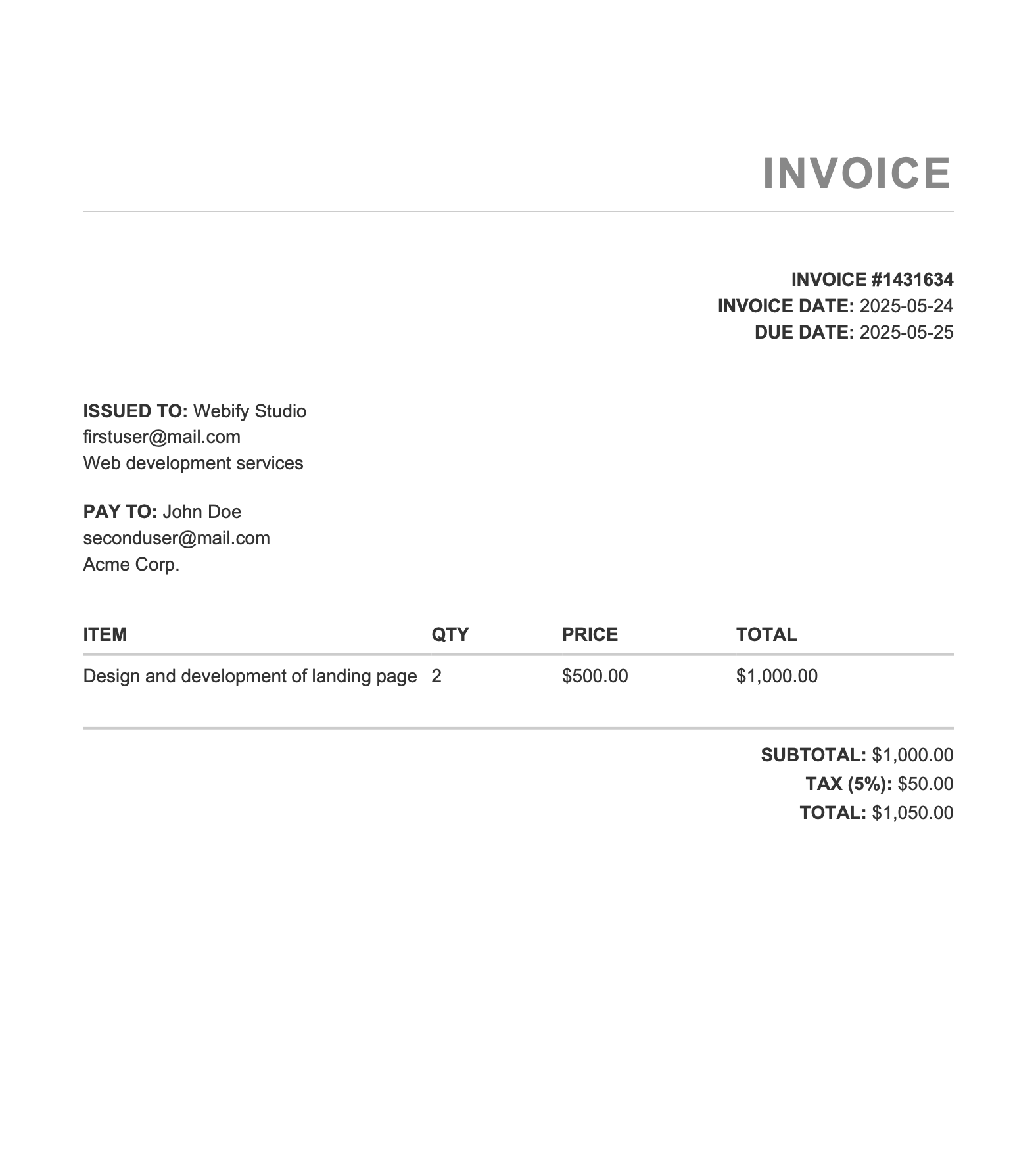 **Generated PDF in Standard style** – A clean, professional invoice layout without logo.