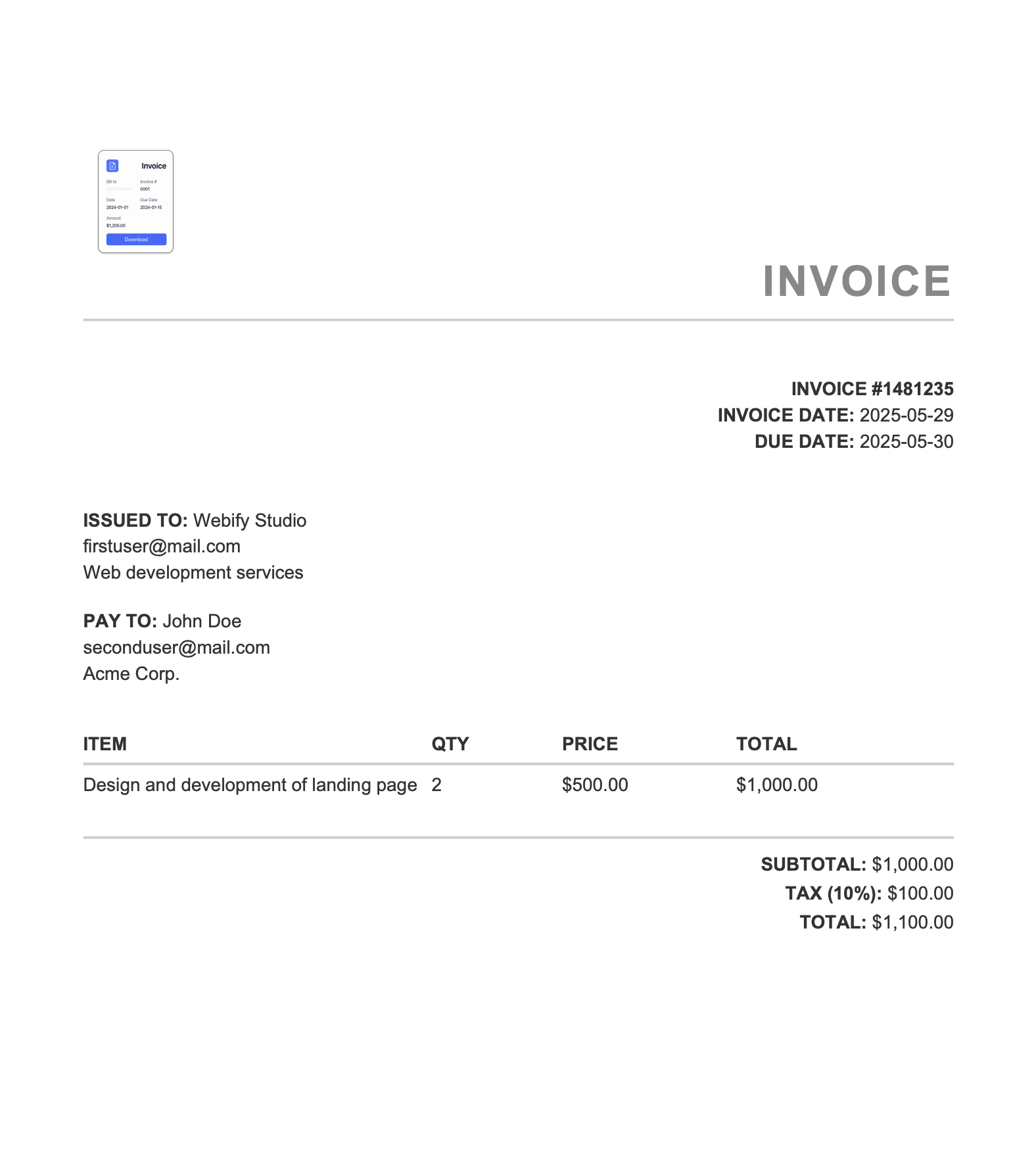 **Standard PDF with logo** – Example of a branded invoice using the Standard template with a custom logo.