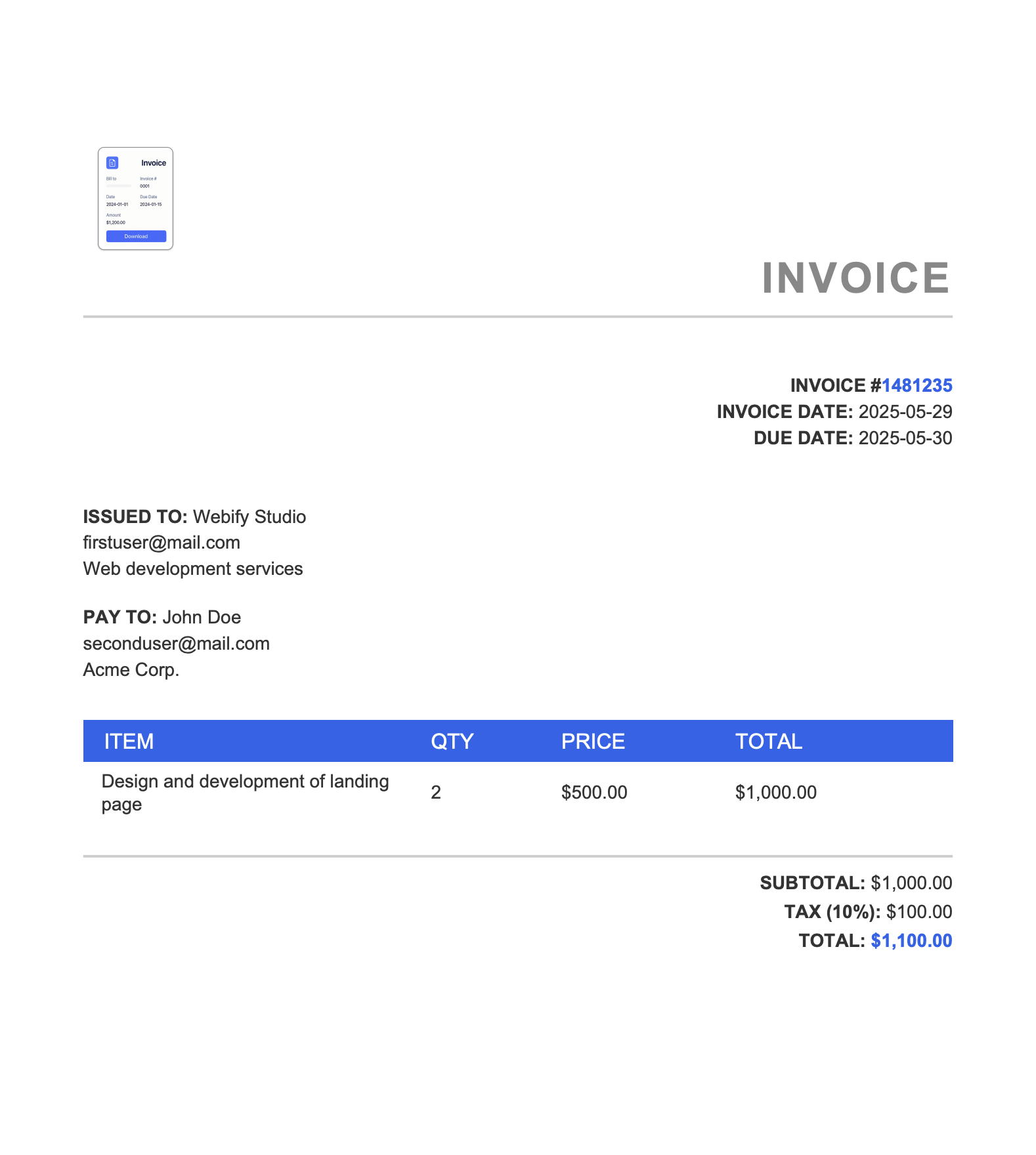 **Blue Accent PDF with logo** – Example of a branded invoice using the Blue Accent template and logo.