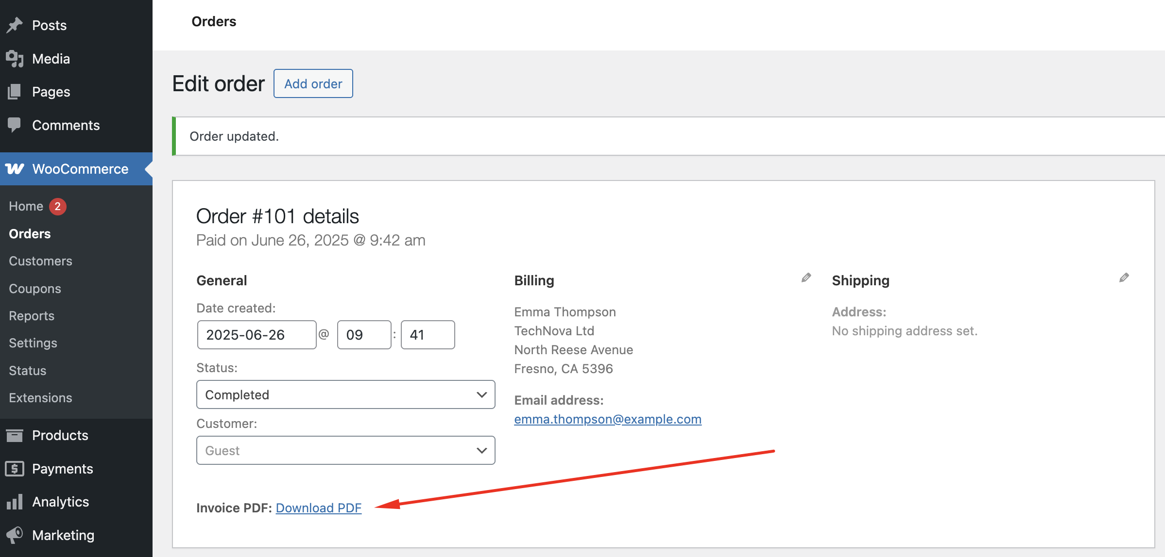 **WooCommerce admin view** – Invoice PDF download link inside a WooCommerce order in the WordPress admin.