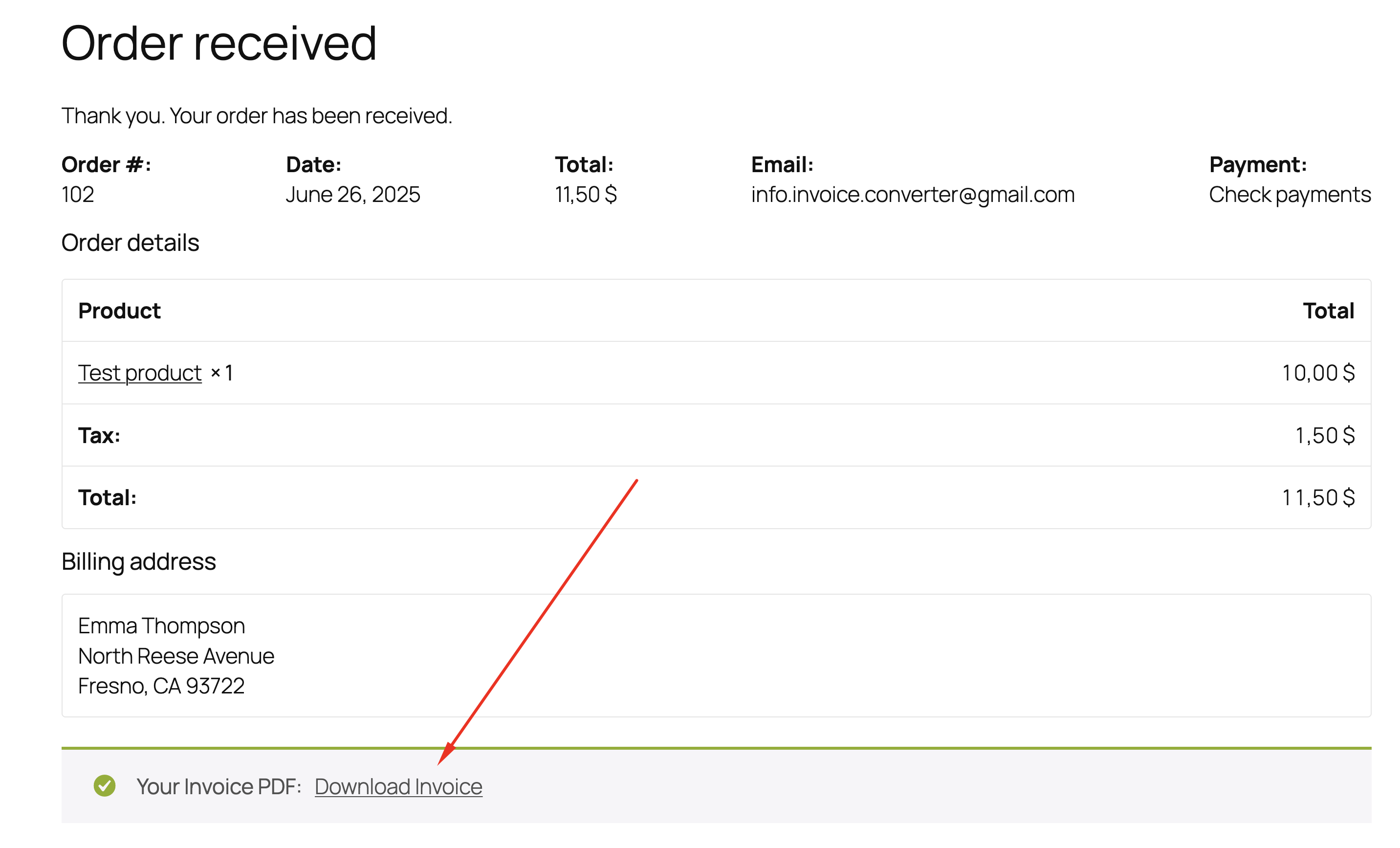 **WooCommerce customer view (Checkout)** – Downloadable invoice link shown to the customer after placing an order.