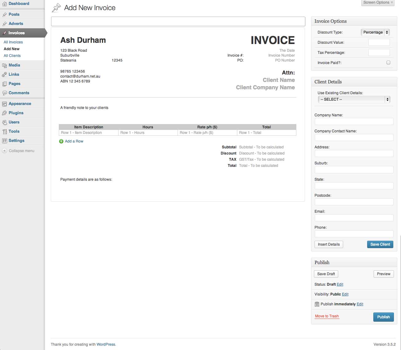 Create new invoice with default data populated from settings