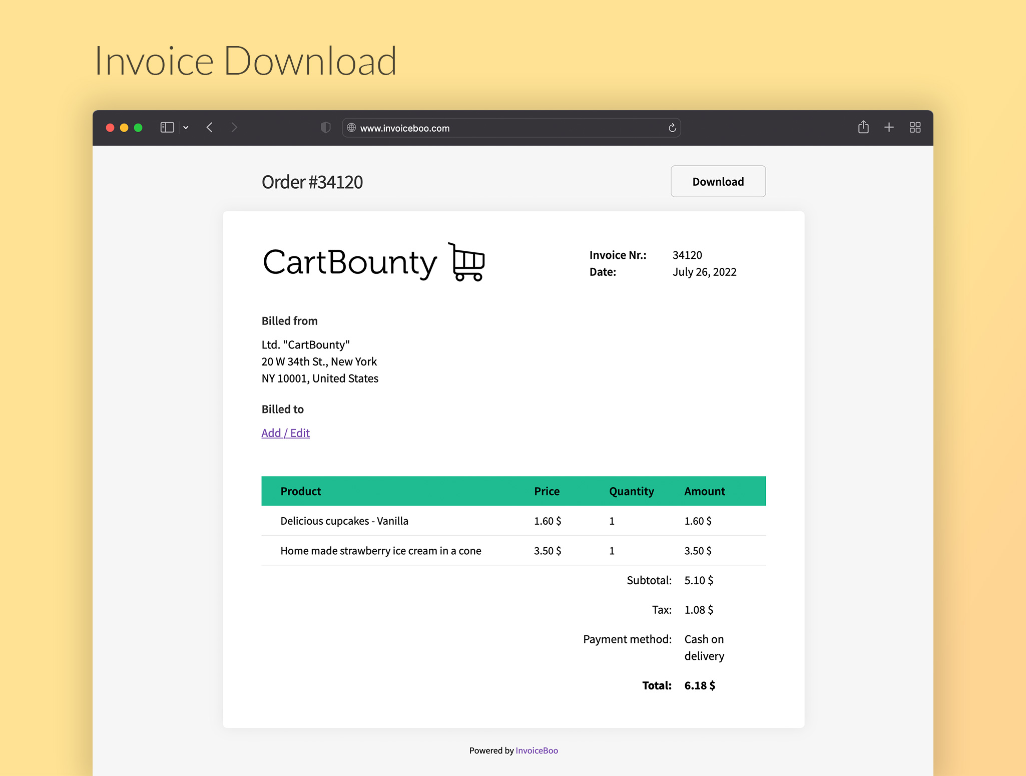 Customer Invoice update and download page