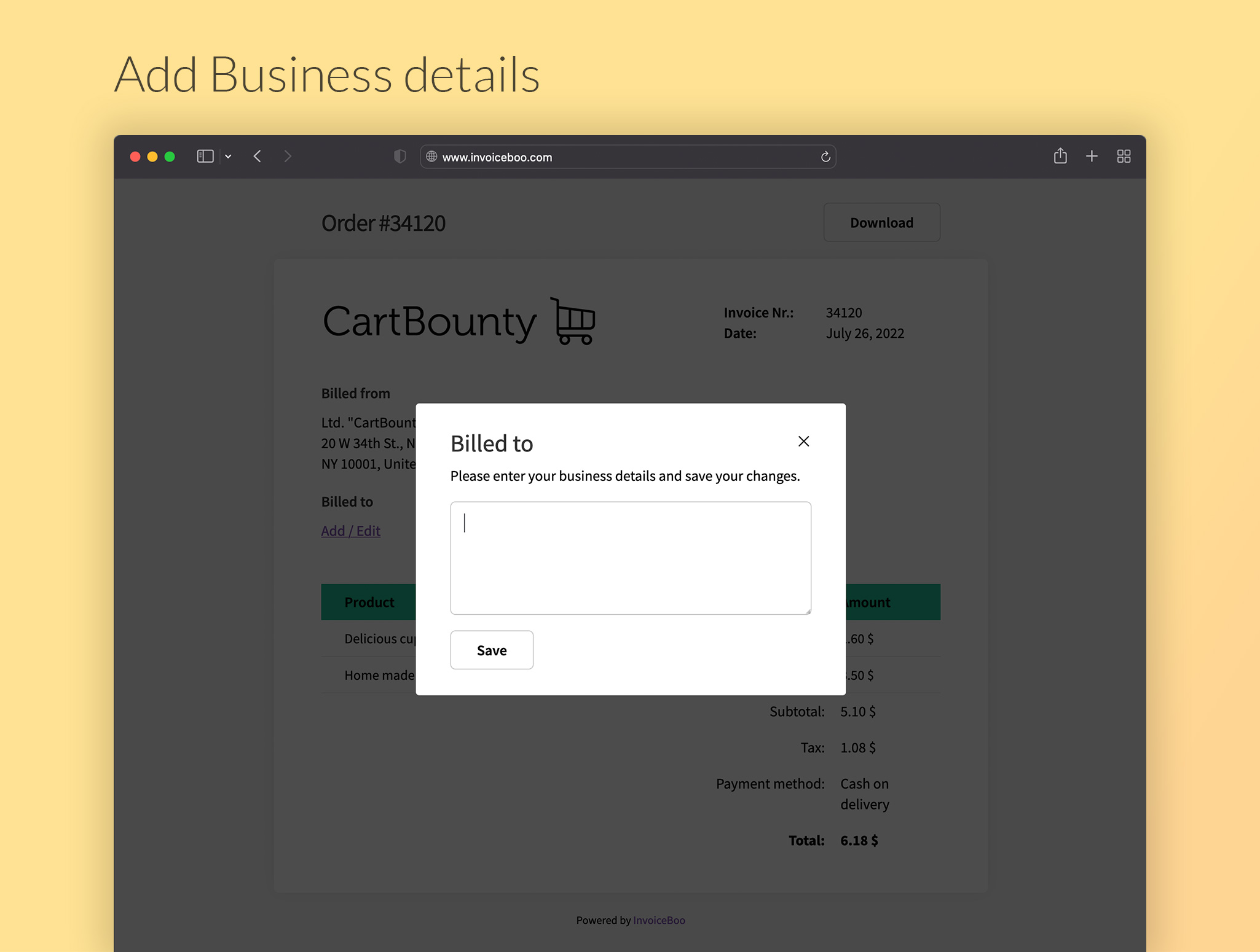 Add Business details to Invoice after placing the order